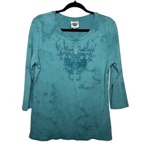 HARLEY DAVIDSON / teal blue tie dye rhinestone 3/4 sleeve tee / XXL